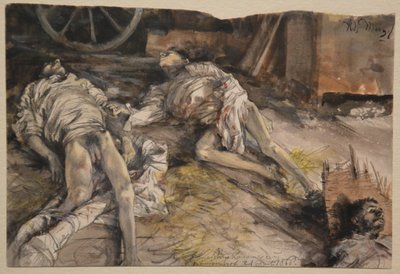 Drie gevallen soldaten in een schuur door Adolph Menzel